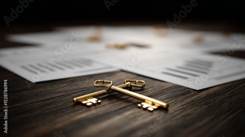 Two golden keys crossing on dark wooden table symbolizing business merger and company acquisition, corporate takeover and partnership concept.	