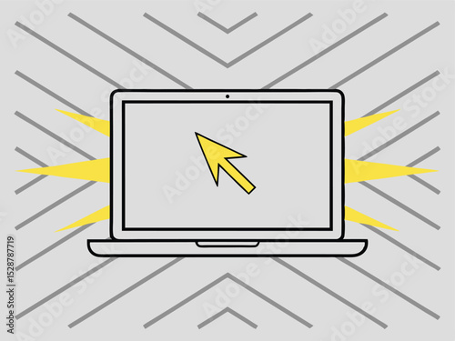 Modern laptop with cursor icon representing digital technology and online activity on abstract geometric background illustrating connectivity and user experience