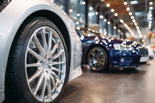 luxury cars in a showroom. The cars are white and black in color, with the focus on the front wheels. The background is blurred, with a white background. There are three or four vehicles lined up.