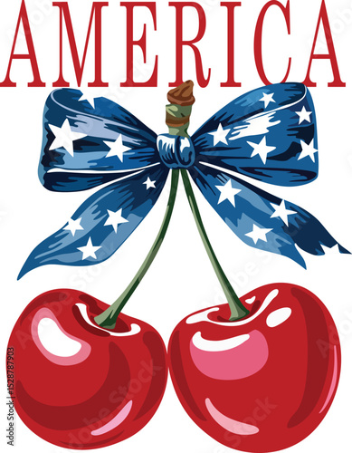 American Patriotic Cherry with Bow Illustration