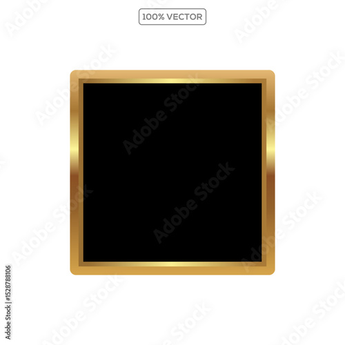 Black button with golden frame vector illustration. 3d glossy elegant design for empty label on transparant background