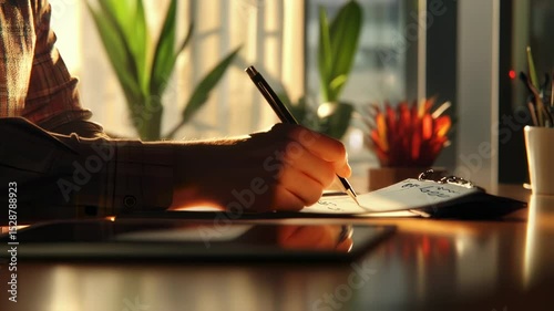 Person sketching design on paper at desk bathed in warm sunlight indoors