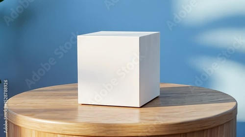 Geometric cube on wood surface abstract composition with soft blue backdrop
