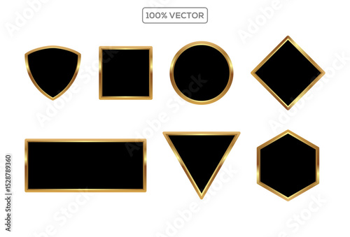 set of Black button with golden frame vector illustration. 3d glossy elegant design for empty label on transparant background