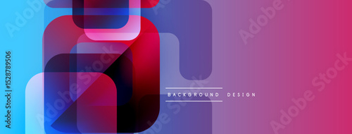 Abstract geometric shapes overlap, creating vibrant color gradients. Pink, purple, blue hues dominate design. Modern aesthetic.