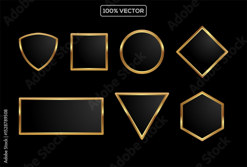 set of Black button with golden frame vector illustration. 3d glossy elegant design for empty label on black background