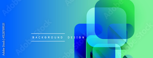 Abstract gradient background features overlapping squares. Blue transitions to green creating modern visual effect. Text reads background design.