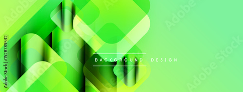 Abstract green design features overlapping rounded squares. Gradient shades create depth, modern aesthetic. Minimalist style, vibrant colors.
