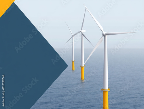 Offshore Wind Turbines in Ocean with Clear Sky and Unique Geometric Shape on a Vibrant Color Background