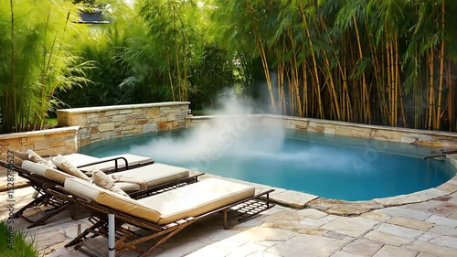 Serene backyard pool scene with lounge chairs surrounded by lush bamboo and tranquil water