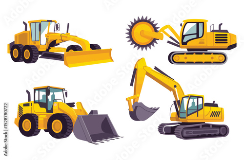 Mining Vehicle Vector Set Four Flat Heavy Equipment Icons Isolated on White

