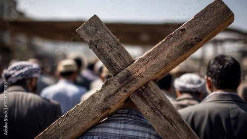 Concept photo of a cross being carried by a group of mourners, symbolizing the burden and grief of losing Christ and the hope of his return.