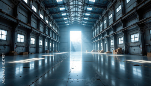 Spacious industrial warehouse with high ceilings and large windows  illuminated by natural light streaming through open door. polished floor reflects light  creating serene atmosphere