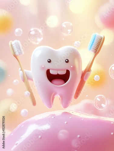 Cheerful Cartoon Tooth Character Holding Toothbrushes Surrounded by Bubbles and Colorful Background for Dental Theme