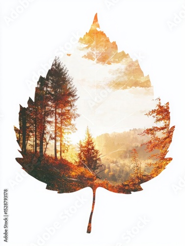 Majestic Forest Landscape Inside a Leaf Shape for Nature and Environment Concepts