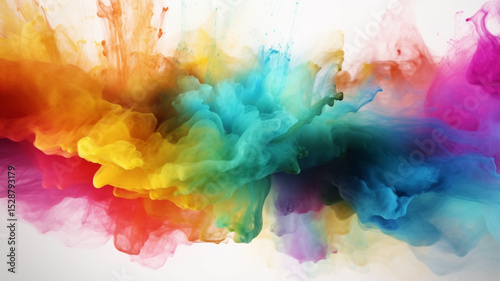 A vibrant explosion of watercolor splashes and powder dust in rainbow gradient, symbolizing multiculturalism and diversity, abstract background, white backdrop