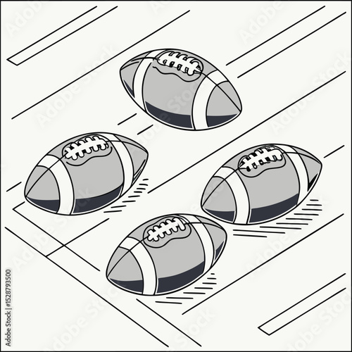 American Football Gridiron Ball Set Four Footballs on a Field Design