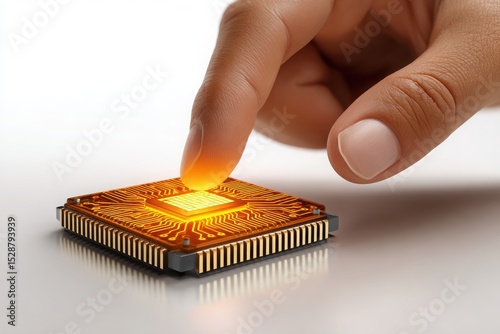 Human finger activating a glowing microchip