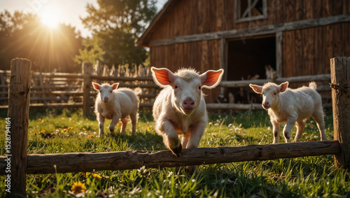 little piglets and goats jumping and playing happily in the grass, wooden fence, barn in the background, sunlight and flowers, fun mood, realistic and lively composition.