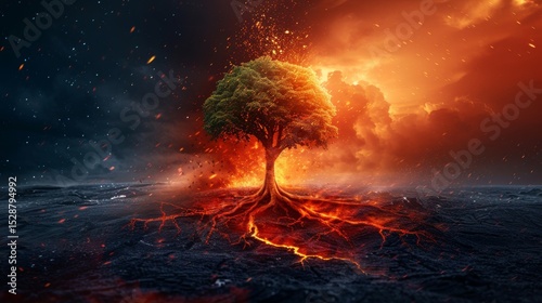 Lonely green plant thriving in a fiery background, representing resilience and fragility.