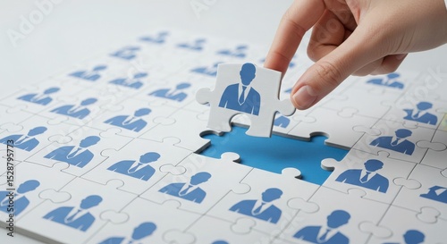 Human resources concept with person placing puzzle piece to complete recruitment process 