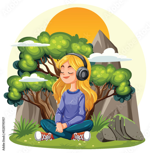Relaxed Girl Listening Music in Nature
