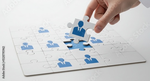 Human resources concept with person placing puzzle piece to complete recruitment process 