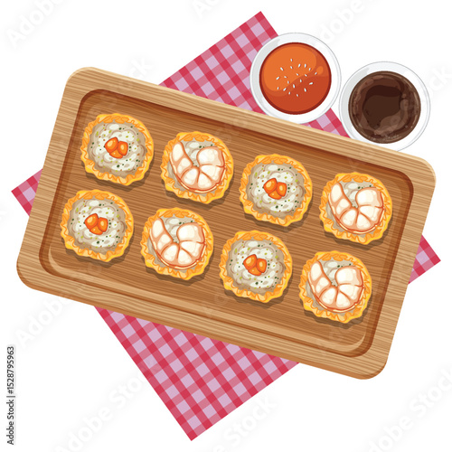 Thai Appetizers on Wooden Tray with Dipping Sauces