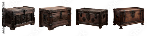 Four antique wooden chests or trunks on display
