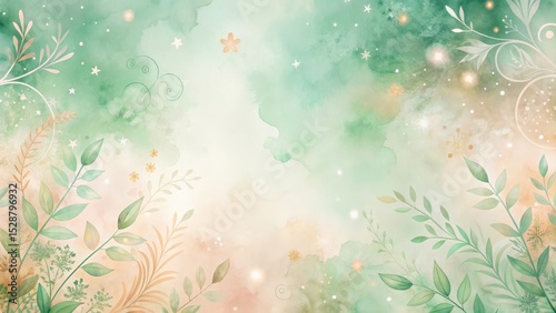 Enchanted Garden A Serene Watercolor Background with Delicate Botanicals and Sparkling Lights