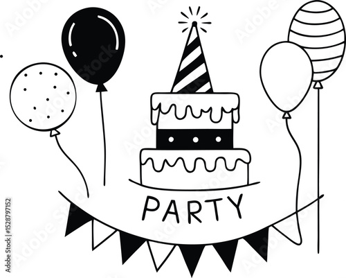 Black and White Party Celebration with Cake Balloons and Pennant Banner
