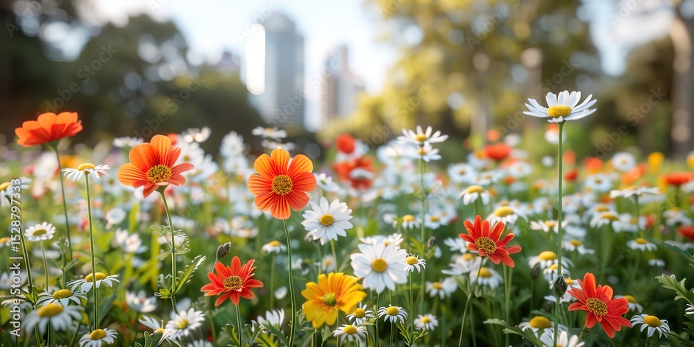 Fototapeta premium A lush urban green space flourishes with vibrant wildflowers, showcasing biodiversity amidst