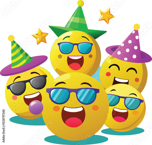 Cartoon Emojis Celebrating with Party Hats and Sunglasses on a White Background
