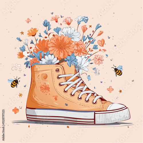 A floral sneaker overflowing with blossoms and buzzing bees.