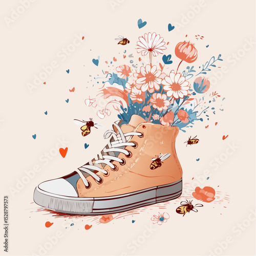 A floral sneaker overflowing with blossoms and buzzing bees.