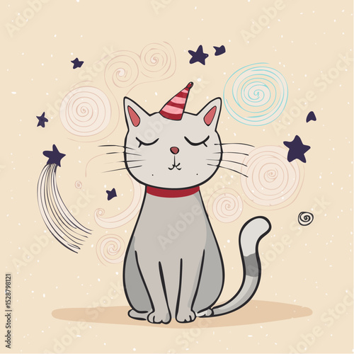 A sleepy cartoon cat wearing a hat, sitting in a dreamy space.