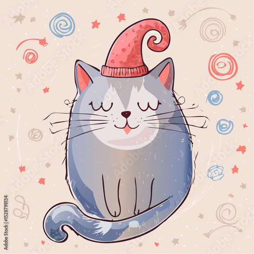 A sleepy cartoon cat wearing a hat, sitting in a dreamy space.