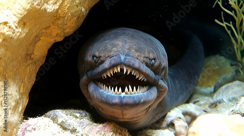 A menacing eel emerges from a coral cave, its mouth agape, displaying sharp teeth.  Dark, dramatic lighting and vivid colors highlight the creature's features