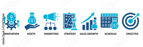 Business plan banner web icon vector illustration concept with icon of innovation, assets, marketing, strategy, sales growth, schedule, and objective