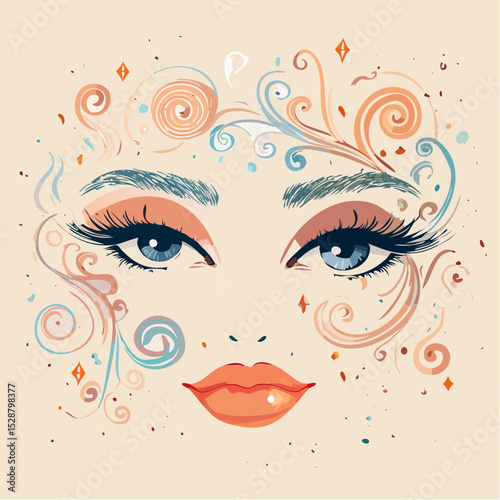 Elegant abstract female face with bright eyes and artistic swirling details.