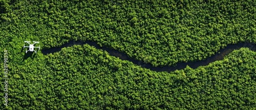 Aerial view of drone over lush green jungle with river