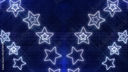 Abstract glowing neon star shapes, Shining bright beautifully glowing on a black background.