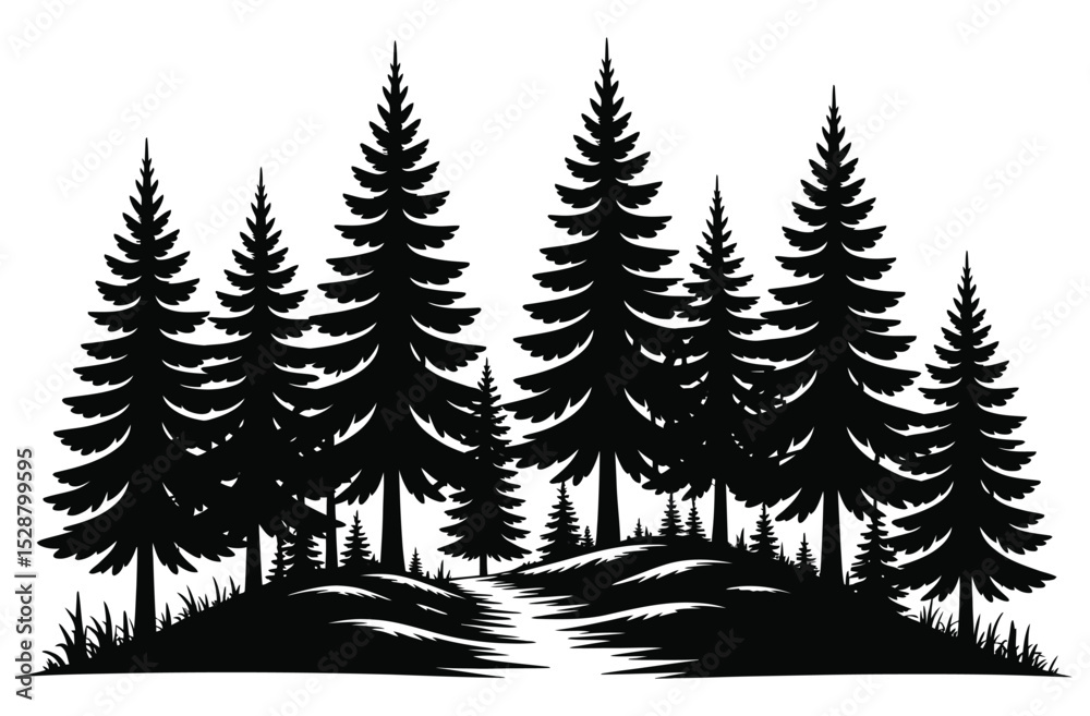Fototapeta premium Black Pine Woods Vector Silhouette of Dense Evergreen Forest