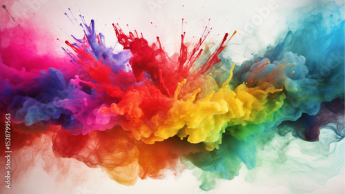 A vibrant explosion of watercolor splashes and powder dust in rainbow gradient, symbolizing multiculturalism and diversity, abstract background, white backdrop