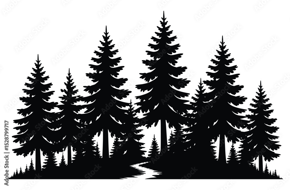 Fototapeta premium Black Pine Woods Vector Silhouette of Dense Evergreen Forest