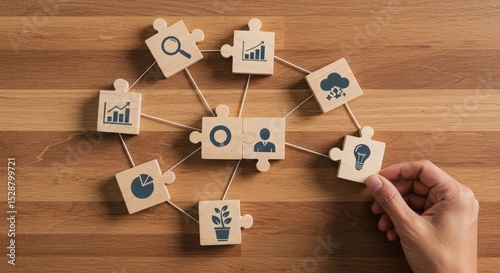 Hand connecting wooden blocks showing business icons to build company strategy and structure 