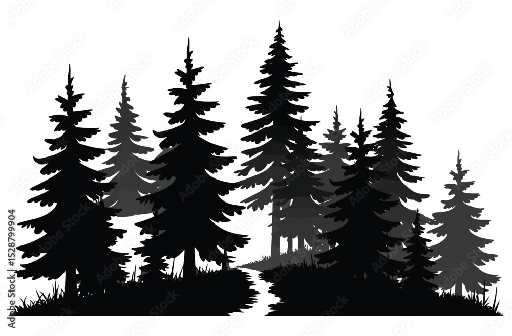 Fototapeta premium Pine Tree Forest Silhouette Black Evergreen Woods Vector Illustration