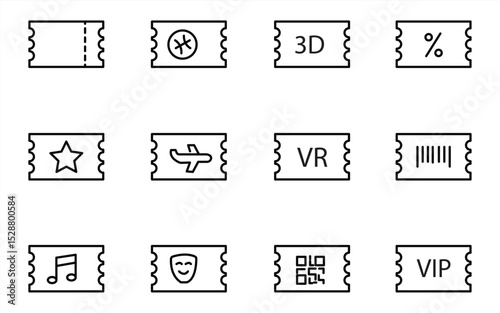 icon set of tickets in line style. Coupon, plane, train, qr code, cinema, music, theater, sport, vector illustration