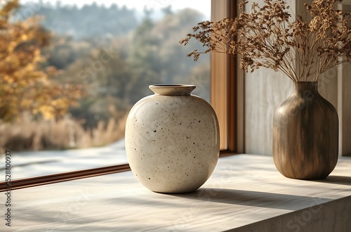 Rustic Ceramic Vase Mockup on Windowsill with Autumn View

 photo