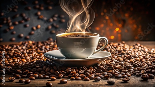 Hot coffee cup with roasted beans photo